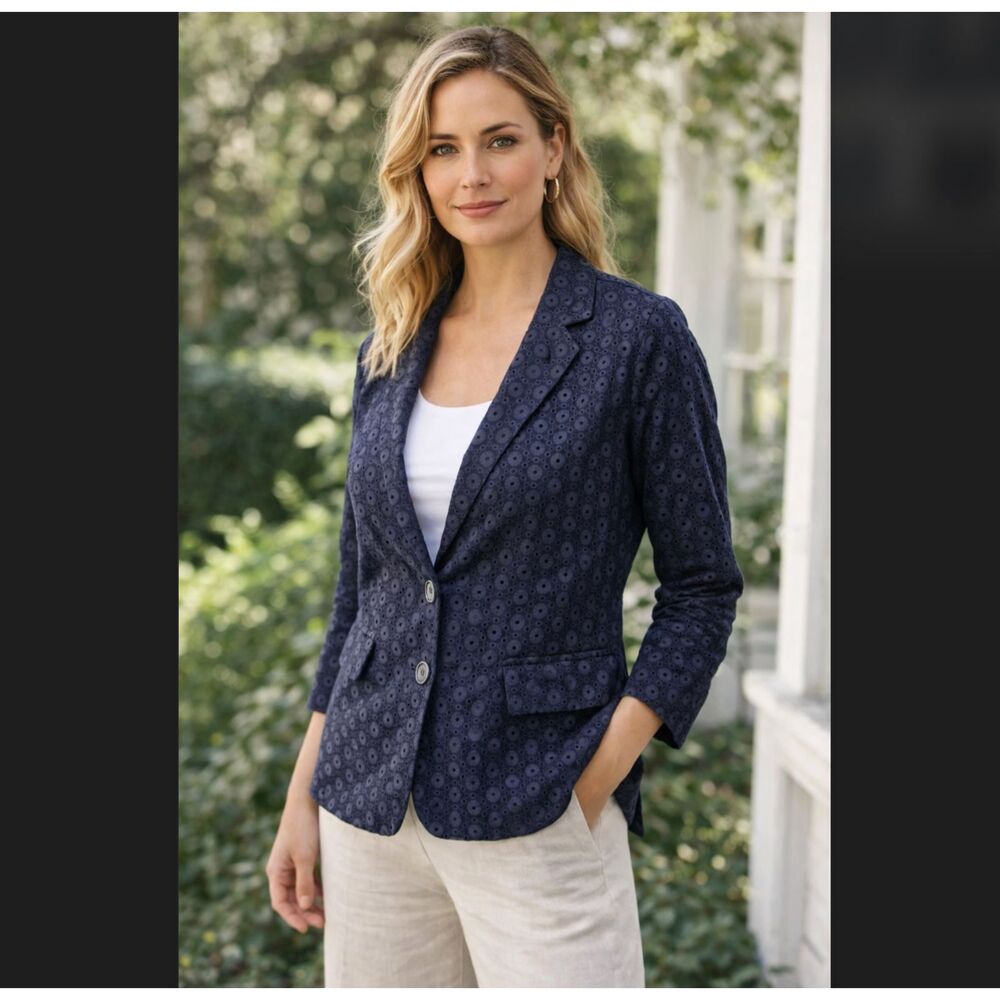 Cynthia Rowley Eyelet Blazer L Blue Cotton Floral Cutout Jacket Pocket Cottage - Picture 1 of 10